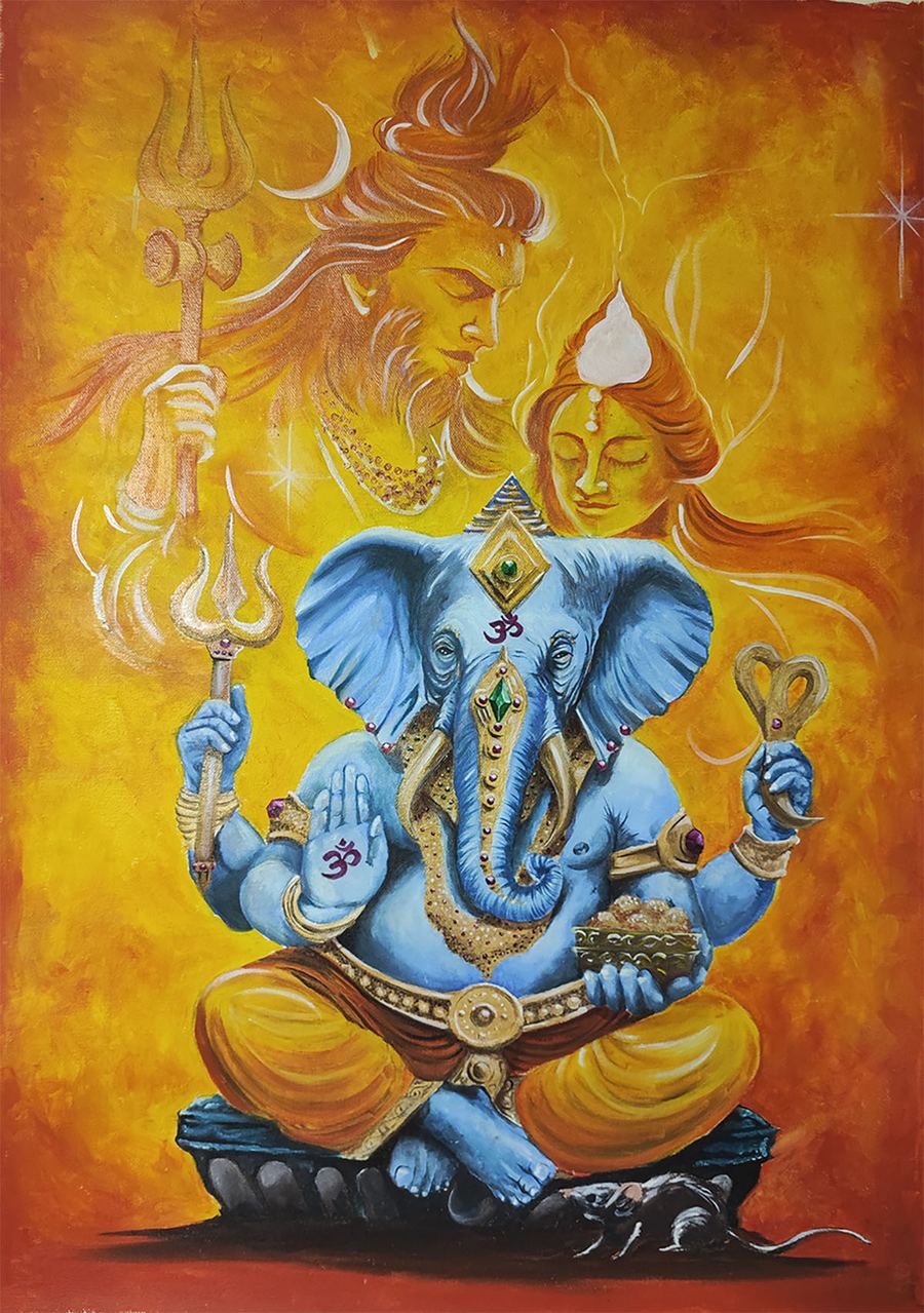 Pintura Ganesha, óleo sobre tela, por Arley
